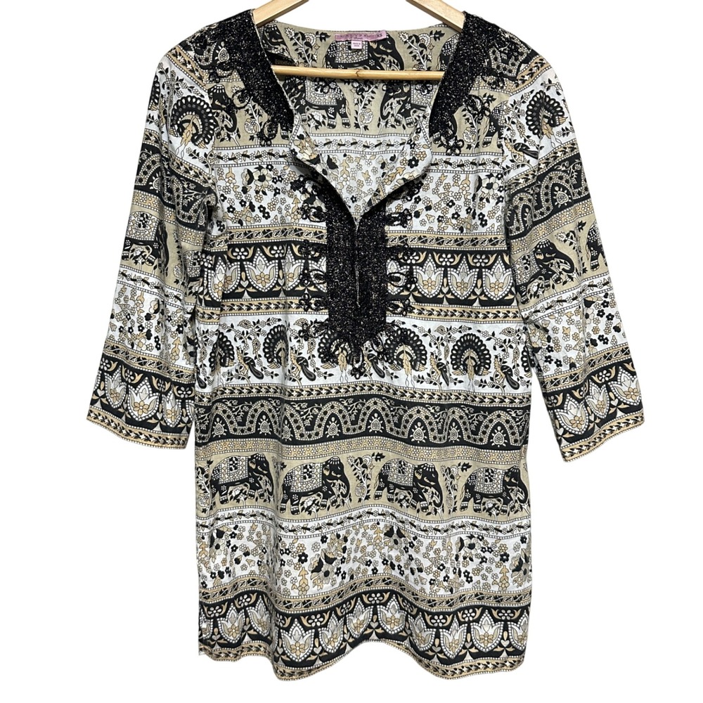 Calypso St. Barth Tunic Top Women XS Elephant Print Boho Resort Lightweight Chic